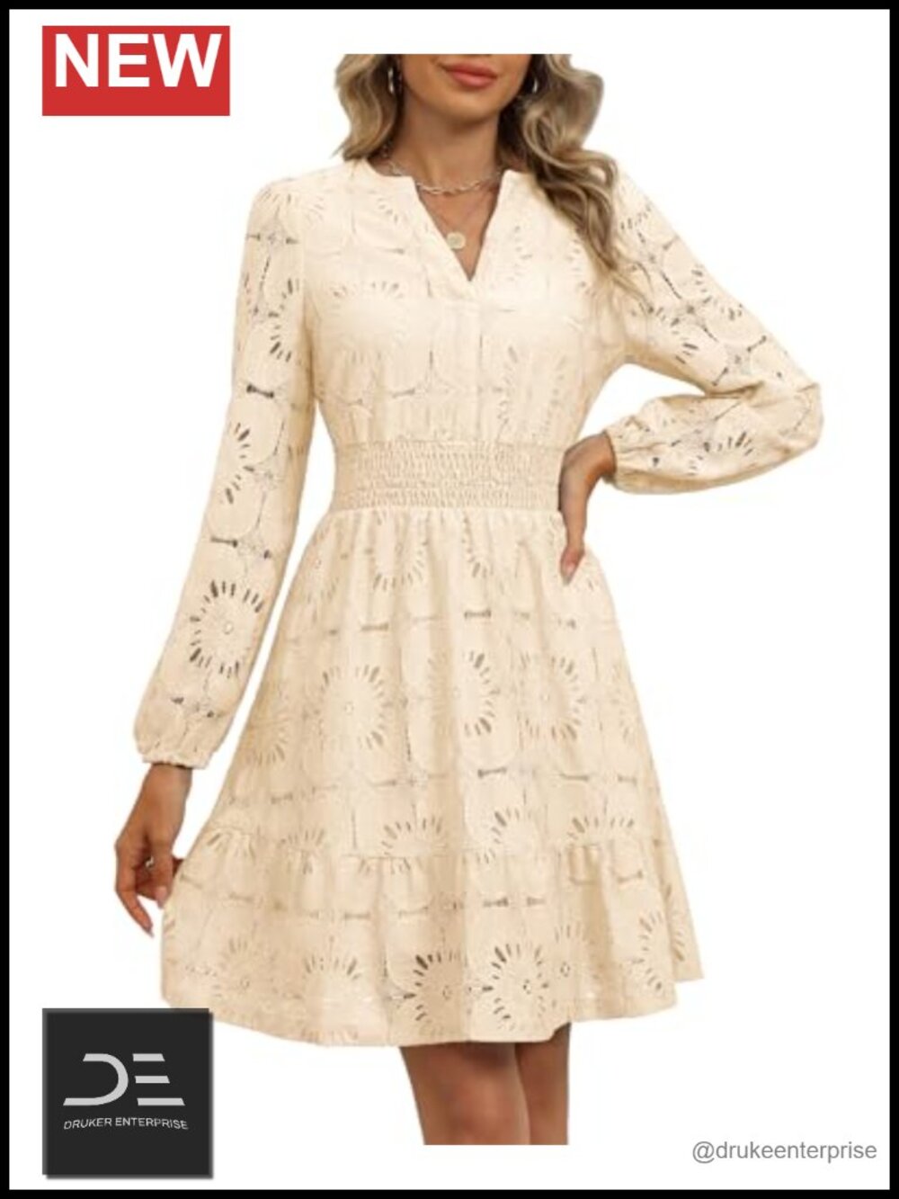 Women's Eyelet Embroidery Lace Floral Mini Dress Long Puff Sleeve A-Line